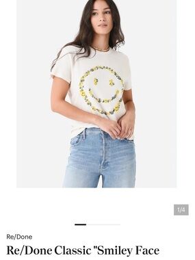 Re/Done Cream Short-Sleeve Tee with Yellow Smiley Floral Graphic